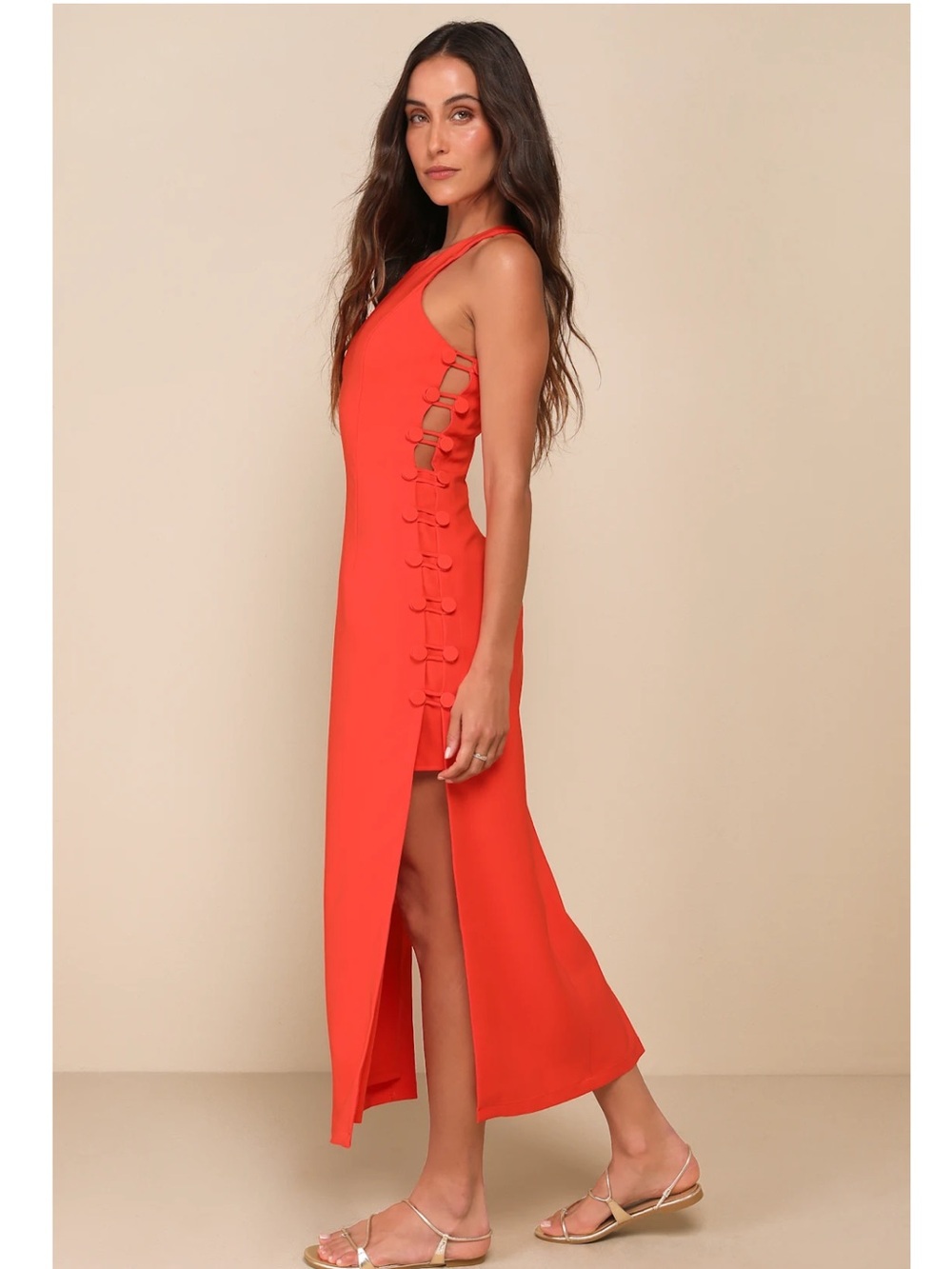 Lulus Masterfully Mod Bright Orange Side Button Midi Dress Event Wedding Guest